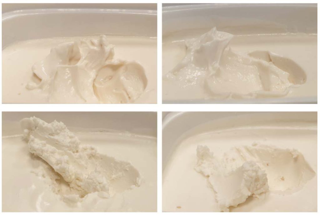 Plant-based cream cheeses processed with different starter cultures. The top images show a much smoother and softer texture compared to the images below.